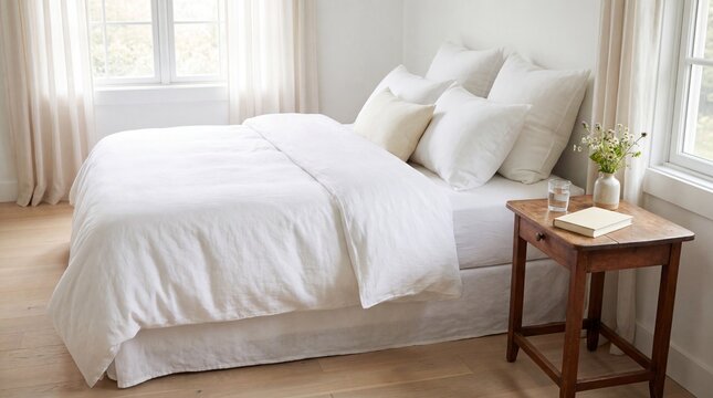 Neatly made bed with white linens and pillows in a bright bedroom with a wooden side table