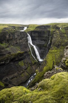 Haifoss and Granni waterfall at a canyon, Foss&aacute; &iacute; &THORN;j&oacute;rs&aacute;rdal, with river &iacute; &THORN;j&oacute;rs&aacute;rdal, Hekla, Iceland