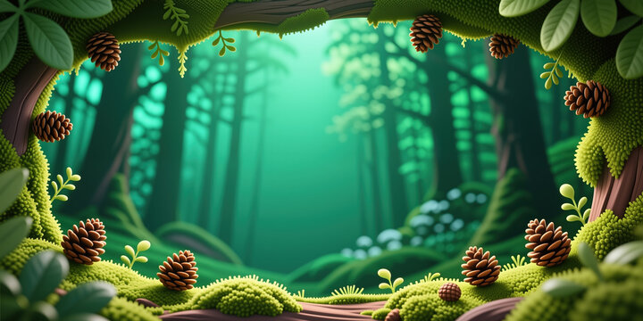 Vibrant forest landscape featuring tree branches, pine cones, and lush green moss, with a softly blurred background of tall trees and foliage in various shades.