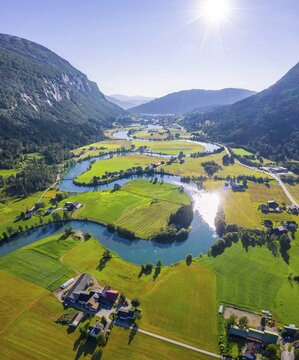 Aerial view, mountain valley with meandering river Stryneelva, Stryn, Vestland, Norway