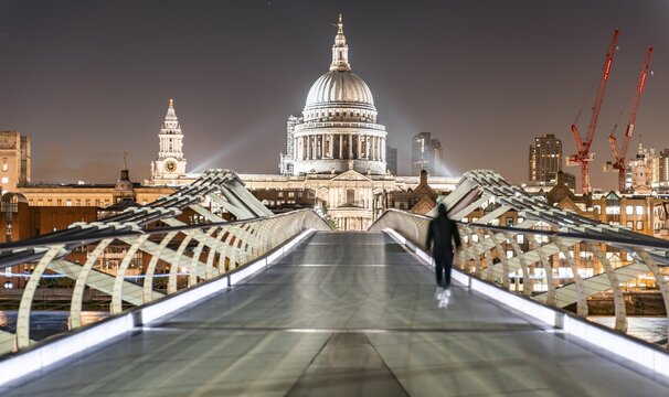 Millennium Bridge and St Paul's Cathedral at night, London, England, United Kingdom