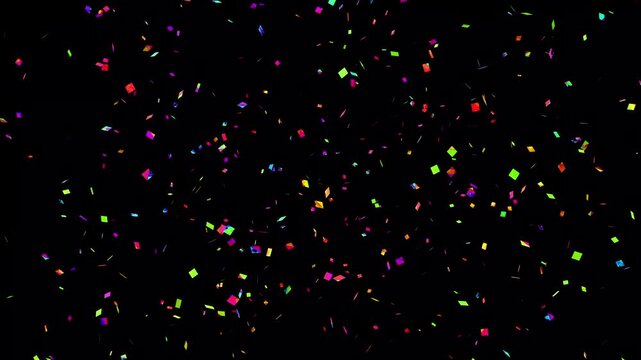 Light stream of multicolored confetti falling from top to bottom. Classic vibrant colors on black background. Seamlessly looped 4K, animation opening ceremony, and premium cgi motion graphics.