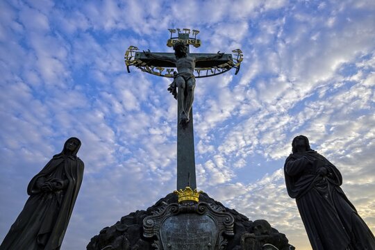 Crucifix and stone statues, Charles Bridge, Prague, Czech Republic