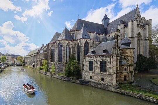 Late gothic Saint Michael Church along the Lys River, Ghent, Flanders, Belgium