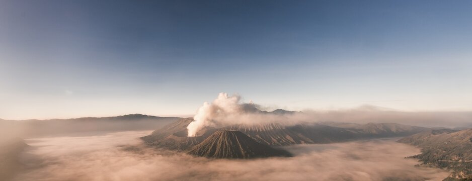 Mount Bromo volcanic clouds, morning atmosphere, Mount Batok, Mount Kersi, Mount Semeru, Bromo Tengger Semeru National Park, East Java, Indonesia