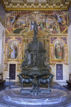Bronze baptismal font in the church of San Giovanni Battista, Osimo, province of Ancona, Italy