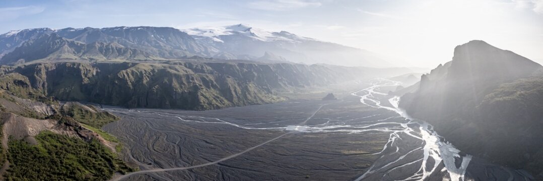 Eyjafjallaj&ouml;kull glacier, aerial view, panorama, mountains and glacier river in a mountain valley, wild nature, Icelandic Highlands, &THORN;&oacute;rsm&ouml;rk, Su&eth;urland, Iceland