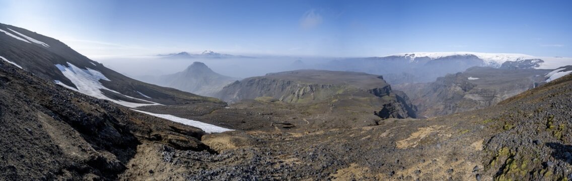 Panorama, view of plateau mountain Morinsheidi, in the back glacier Myrdalsj&ouml;kull, hiking trail Fimmv&ouml;r&eth;uh&aacute;ls, Heljarkambur, &THORN;&oacute;rsm&ouml;rk Nature Reserve, Su&eth;urland, Iceland