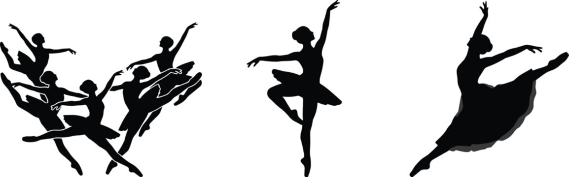 Collection of black silhouettes featuring graceful ballet dancers in tutus performing elegant jumps and poses isolated on white background