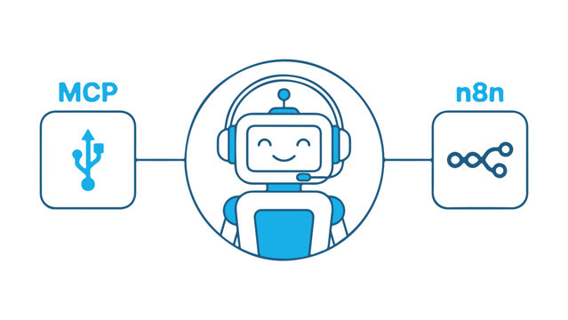 Robot assistant connecting MCP USB input with n8n workflow automation during digital communication