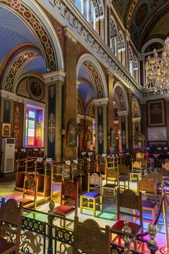 Interior, Colored windows, Artfully decorated interior of the neoclassical Greek Orthodox Church of St. Nicholas, Agios Nikolaos, Ermoupoli, Syros, Cyclades, Greece