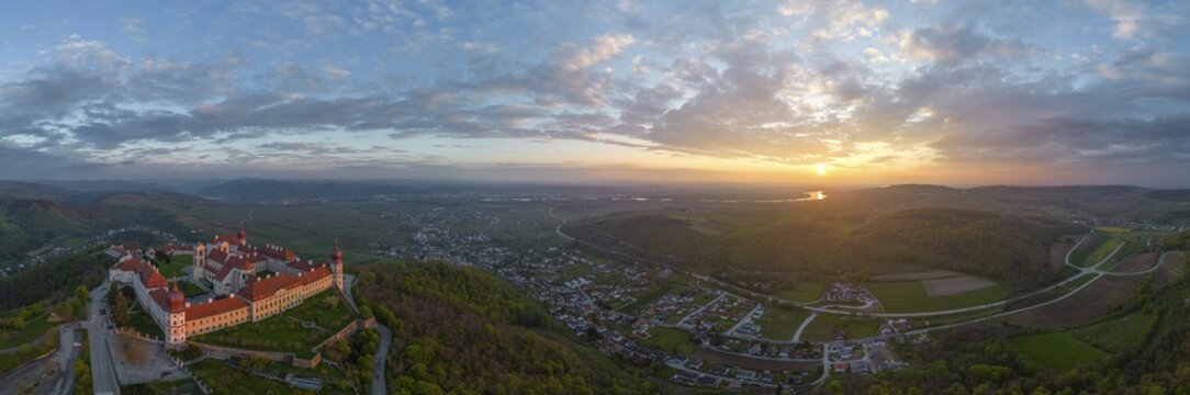 Aerial view of G&ouml;ttweig Abbey and sunrise over the Danube, Furth bei G&ouml;ttweig, Lower Austria, Austria