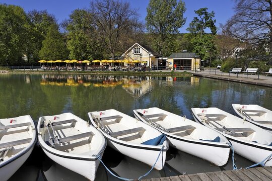 Rowboats and a cafeteria at Doblhoff Park, Baden, Lower Austria, Austria, Europe