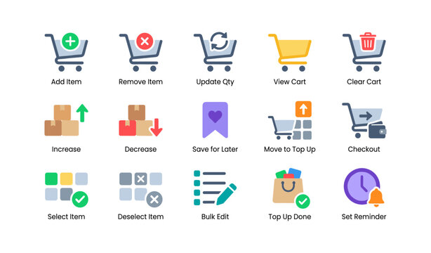 Ecommerce cart icons depicting add remove update and checkout