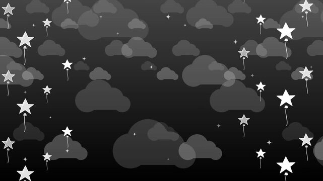 Animated sleek dark charcoal background featuring floating silver platinum star balloons, soft clouds, and twinkling stars with centered copy space for VIP and corporate events.