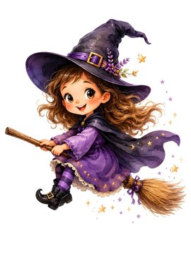 A whimsical little witch with brown hair flies joyfully on a magic broomstick through stars.