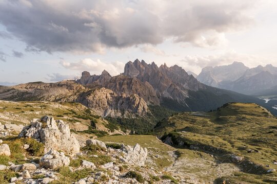 Sunset at Monte Campedelle and Col de le Bisse, Sesto Dolomites, South Tyrol, Trentino-South Tyrol, Alto-Adige, Italy