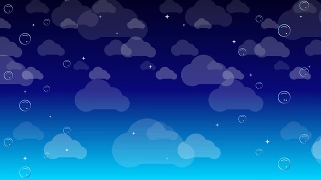Animated deep ocean blue background featuring floating translucent soap bubbles, soft clouds, and twinkling stars for magical underwater and aquatic themes.
