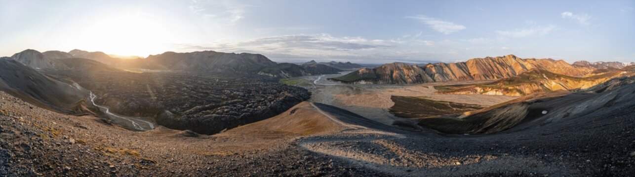 View from Bl&aacute;hn&uacute;kur, Landscape panorama, Dramatic volcanic landscape, Colourful erosion landscape with mountains, Lava field, Landmannalaugar, Fjallabak Nature Reserve, Su&eth;urland, Iceland