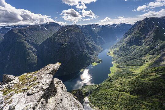 View from the top of Breiskrednosi, mountains and fjord, N&aelig;r&oslash;yfjord, Aurland, Norway
