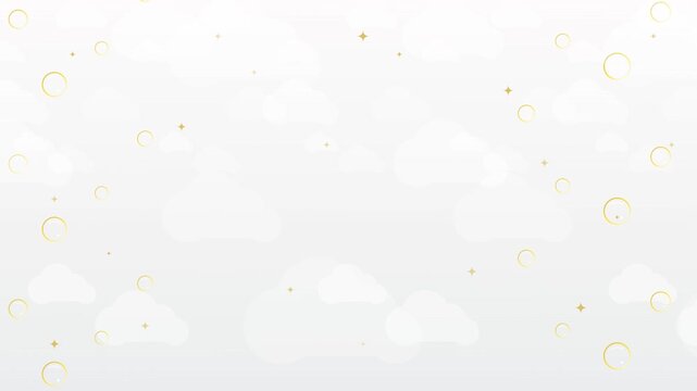 Animated elegant champagne white background featuring luxury golden floating bubbles, soft clouds, and twinkling stars for New Year and wedding celebrations.