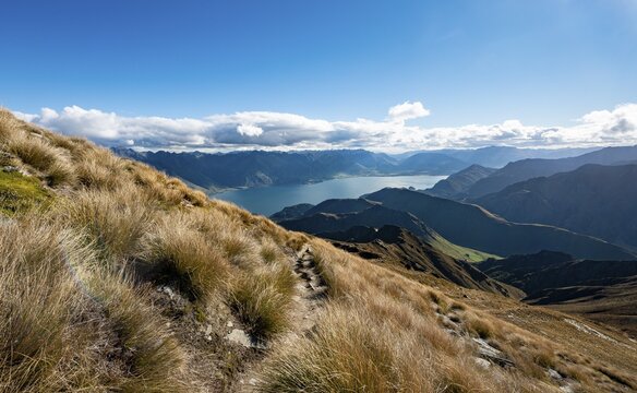 View of Lake Wakatipu, Ben Lomond hiking trail, Southern Alps, Otago, South Island, New Zealand