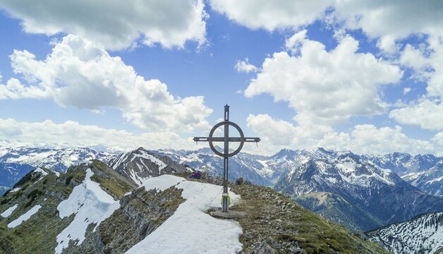 View of Seekarspitze with summit cross, aerial view, Alps panorama, Tyrol, Austria