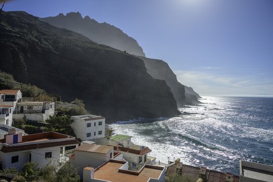 The bay of Alojera and Las Salinas is surrounded by steep cliffs, Alojera, La Gomera, Spain