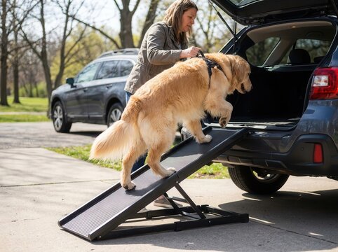 The owner helps the dog climb into the trunk using the ramp