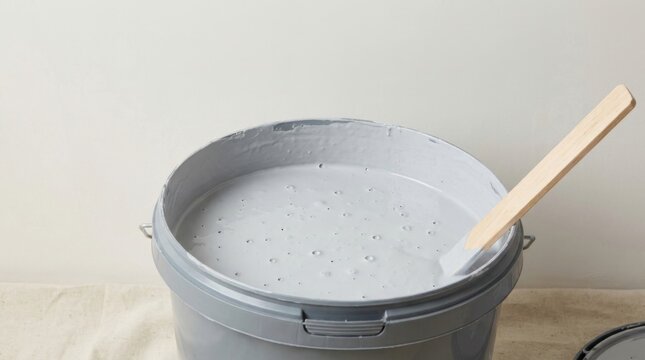 A grey primer liquid with air bubbles sits in a bucket, ready for application