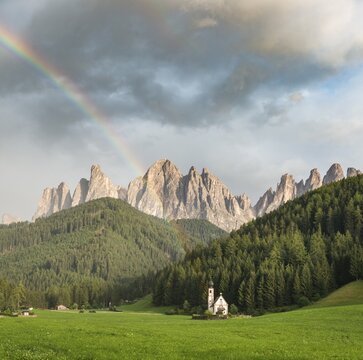 Rainbow in front of the church St. Johann in Ranui, San Giovanni, St. John's Chapel, Geisler Group, Villn&ouml;&szlig;al, St. Magdalena, Bolzano, South Tyrol, Italy