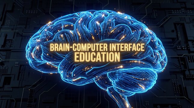 Glowing blue brain with circuit board background and brain-computer interface education text