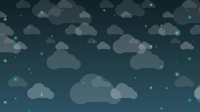 Animated deep midnight blue background featuring falling glowing mint green and cyan snowflakes, soft clouds, and twinkling stars for magical winter fantasy events.