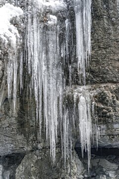 Long icicles on a rock face, Partnachklamm in winter, near Garmisch-Partenkirchen, Upper Bavaria, Bavaria, Germany