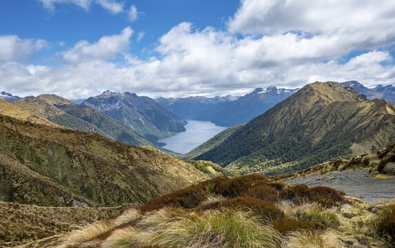 South Fiord of Lake Te Anau, Murchison Mountains, Southern Alps at back, Kepler Track, Fiordland National Park, Southland, New Zealand