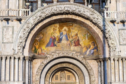 Entrance to St. Mark's Basilica, Basilica di San Marco, Cathedral with gilded interior vault, St. Mark's Square, Venice, Veneto, Italy