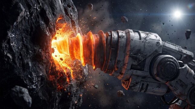 Robotic mining arm drilling into asteroid with flames