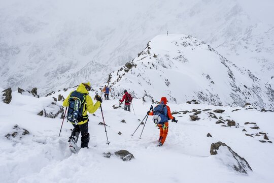 Kit tourers on the summit of the K&ouml;llkuppe or Cima Marmota, snow-covered mountain landscape, Ortler Alps, Vinschgau Valley, Italy