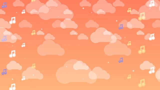 Animated warm sunset gradient background featuring large glowing white and lavender musical notes, soft clouds, and twinkling stars for chill acoustic lofi events.