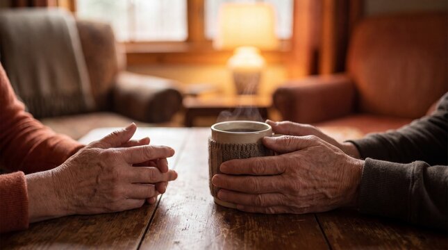 Two people holding hands and a cup of coffee on a wooden table