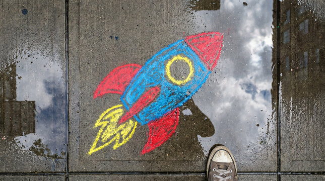Child's chalk drawing of a rocket ship on a rain-washed sidewalk surrounded by puddles reflecting clouds, bright primary colors against grey