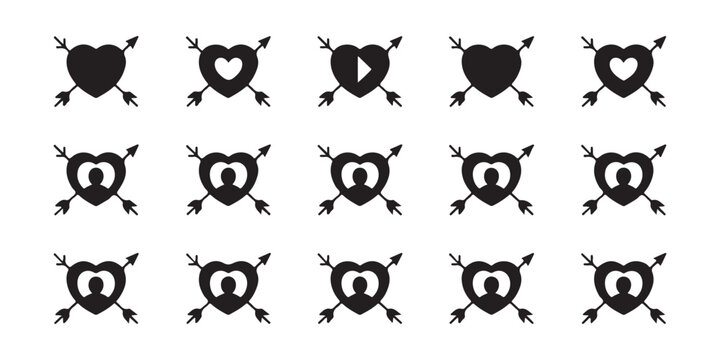 Set of Heart Silhouettes with Cupid Arrows