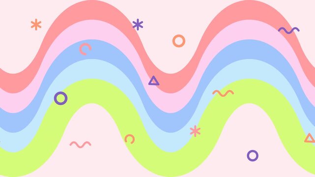 Animated fun pastel 1990s striped background featuring bouncy memphis design waves and cute doodle shapes for pop fashion events.