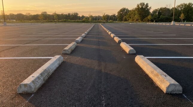 Numerous identical concrete parking curbs forming straight parallel rows in an empty asphalt lot under a soft sky.
