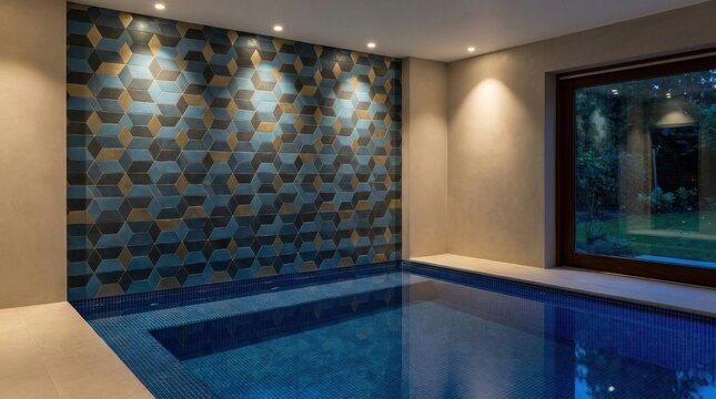 Geometric Tiled Accent Wall Featuring Blue and Gold Hexagons Above a Deep Blue Indoor Swimming Pool