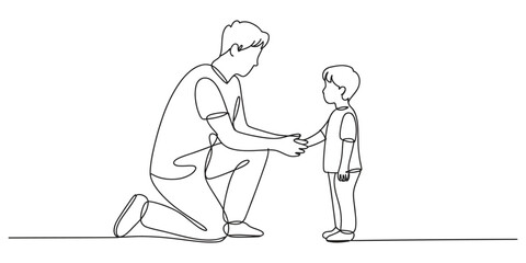 Obraz premium Continuous line drawing of a father kneeling and talking to his son
