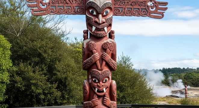 a close-up of a totem pole with a forest and geothermal activity in the background on a sunny day wi