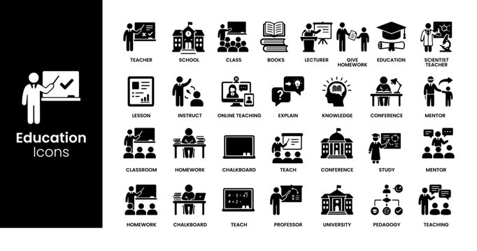 Education icon set. Containing video tuition, e-learning, online course, audio course, educational website and digital education icons. Solid icon collection.