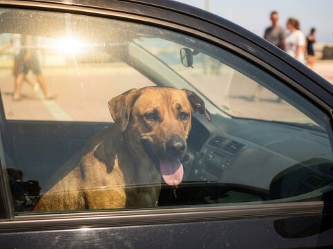 a dog sits in a closed car in the heat