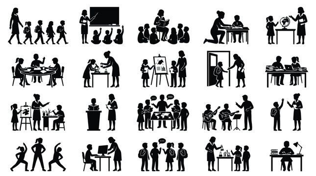 Preschool and primary school education silhouettes showing teachers leading diverse activities.